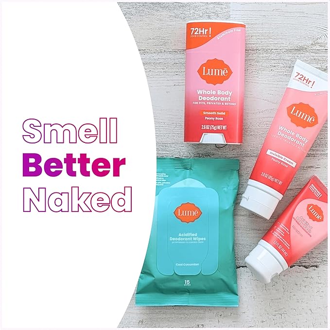 Lume Skin Care Gift Set for Women Whole Body Deodorant Starter Pack - Smooth Solid Stick Invisible Cream Tube Acidified Body Wash Mini &amp Deodorant Wipes - Aluminum Free Odor Control (Peony Rose