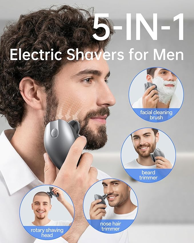 Electric Razor for Men 5-in-1 Multi-Function Electric Shavers for Men IPX7 Waterproof Bald Head Shaver with LED Display Rechargeable Beard Trimmer Body Hair Trimmer Ideal Gifts for Husband (Black)