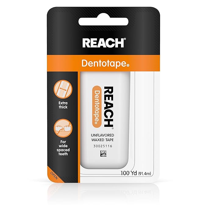 Reach Dentotape Waxed Dental Floss with Extra Wide Cleaning Surface for Large Spaces between Teeth Unflavored 100 Yards (Pack of 5)