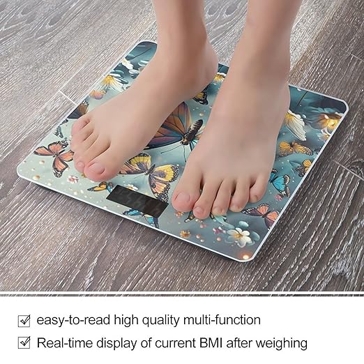 Cute Butterflies Scale for Body Weight Sturdy Tempered Glass Weighing Scales with LCD Display Accurate Digital Bathroom Scale Convenient Body Fat Smart Scales Easy Read