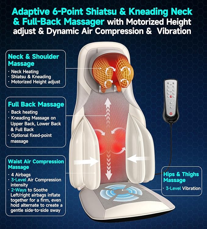 Elite Shiatsu Back &amp Neck Massage Chair Pad/Seat Cushion with Heat – 4D Kneading Vibration Compression Motorized Neck Height Lumbar Airbag Massage Premium Upholstery Deep Tissue Office Gra