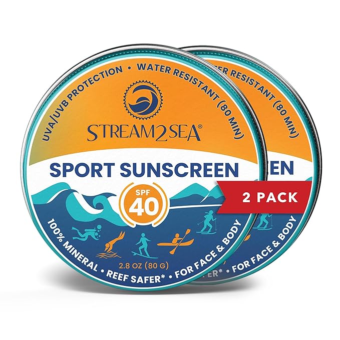 STREAM2SEA SPF40 Unscented Mineral Sport Sunscreen in Tin with EcoSafe Zinc for Face &amp Body Natural Organic Biodegradable Coral Reef Safe Sunscreen Travel Size Mineral Based 2 Pack