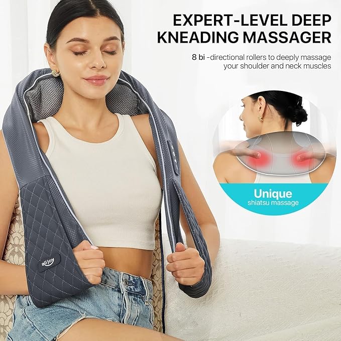 Cordless Shiatsu Neck Massager with Heat – Rechargeable Massager for Neck and Shoulder Pain with 8 Deep Kneading Nodes Back Massager for Home Office Outdoor - Christmas Gifts for Mom Dad Men Women
