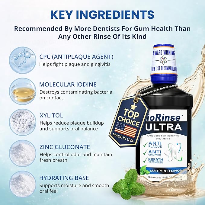 ioRinse Ultra: The Most Dentist-Recommended Periodontal Rinse &amp Gum Mouthwash of its Kind. Fights Gingivitis Bleeding Gums Dental Plaque &amp Bad Breath. With Molecular Iodine &amp Xylitol. No