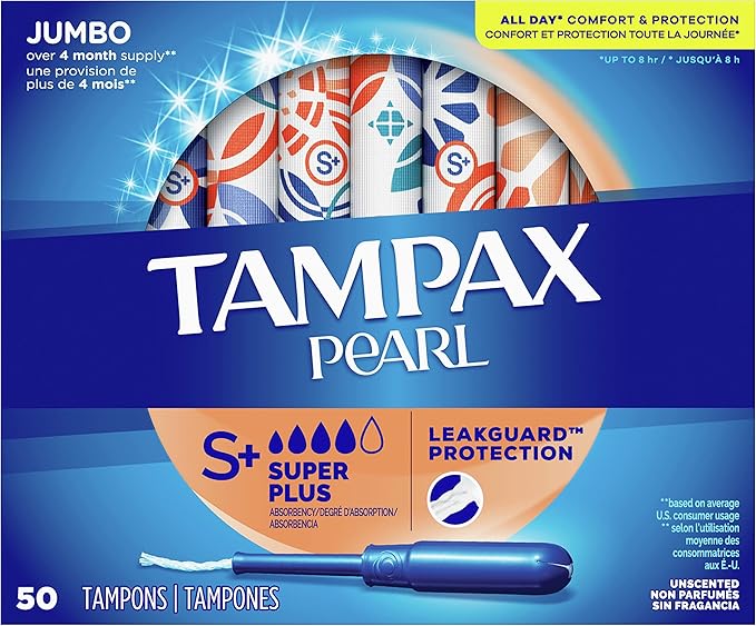 Tampax Pearl Tampons Super Plus Absorbency with Leakguard Braid Unscented 50 Count (Pack of 2)