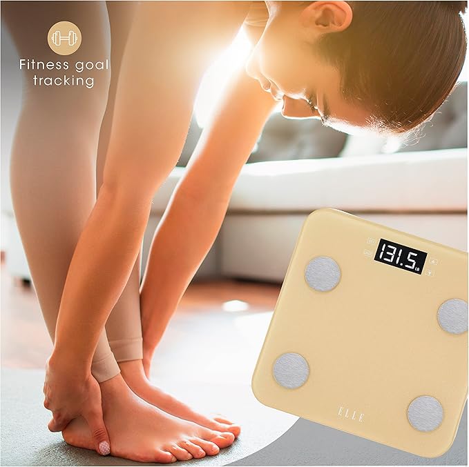 ELLE Digital Body Weight Scale with BMI Analyzer and 7 Fitness Indicators Gold LCD Display 400 lbs Capacity Tempered Glass Platform