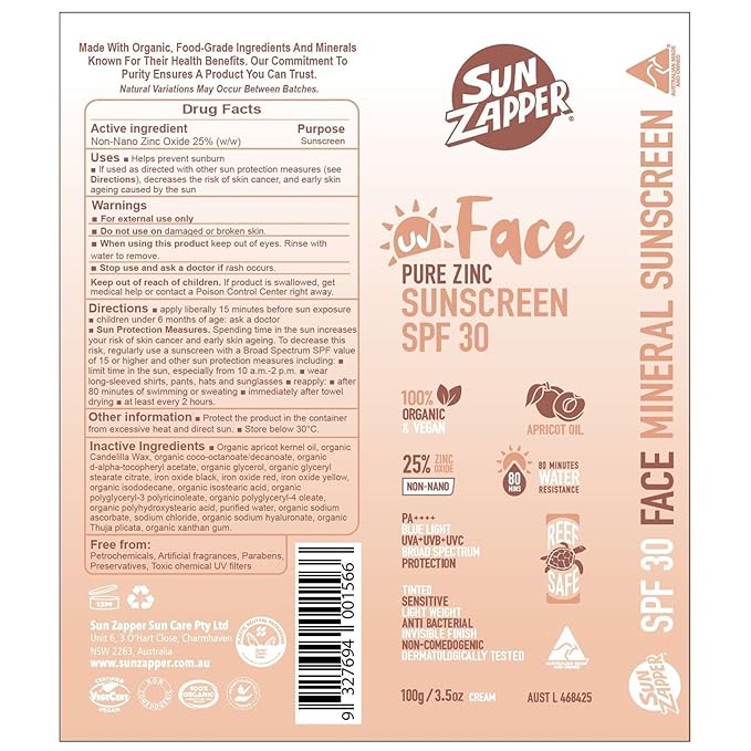 Sun Zapper Face Pure Zinc Sunscreen SPF 30 Tinted – Organic Mineral Sunscreen 25% Non-Nano Zinc Oxide Lightweight Invisible Finish Reef Safe Vegan 100g (3.5 oz) Pump Australian Made