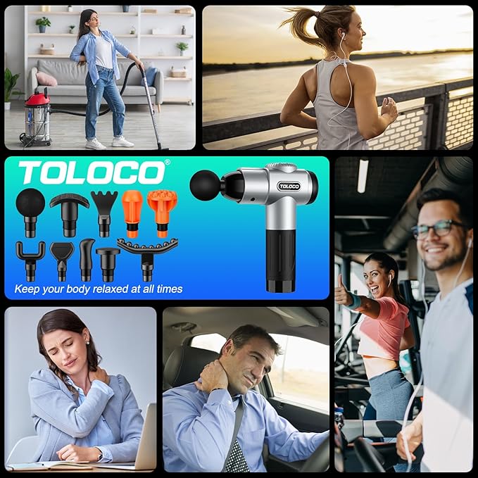 TOLOCO Massage Gun Muscle Massage Gun Deep Tissue for Athletes with 10 Massage Heads Electric Percussion Massager for Any Pain Relief Valentines Day Gifts for Him Her Silver