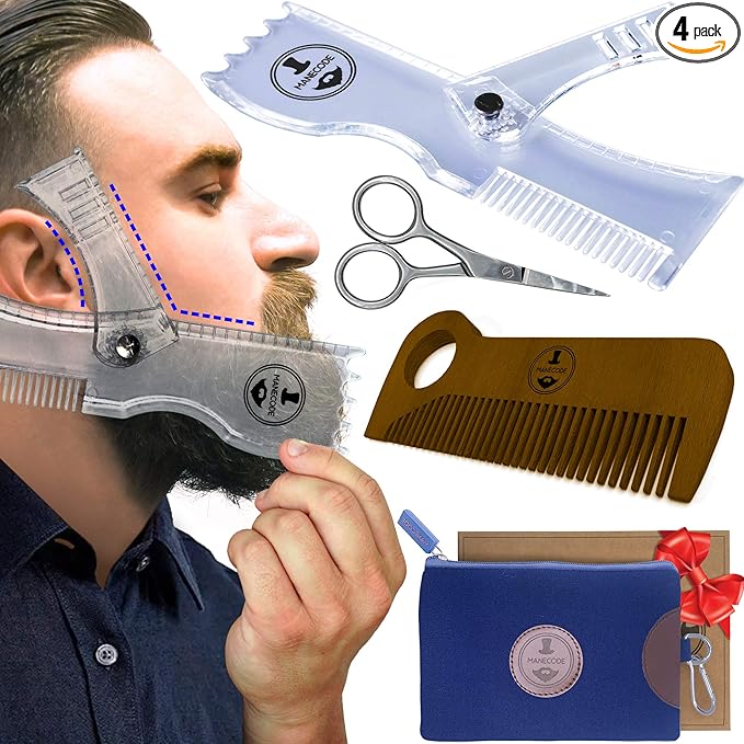 Beard Shaping Kit - Grooming Tools for Men - Adjustable Lineup Template Premium Wooden Comb Laser Sharpening Scissors All in Hygiene Travel Case