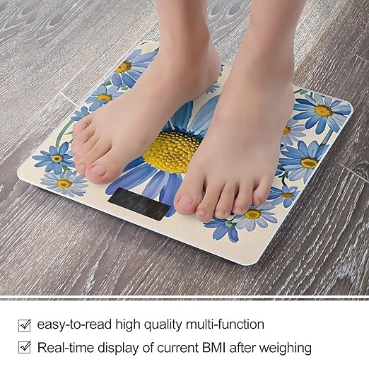Blue Flower Watercolor Daisy Smart Scale for Body Weight Accurate Bathroom Scale with LED Display Digital Weight Scales Weighing Machine High Precision Scales for Bath Home