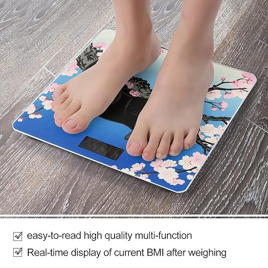 Black Cat Floral Scale for Body Weight Sturdy Tempered Glass Weighing Scales with LCD Display Accurate Digital Bathroom Scale Convenient Body Fat Smart Scales Easy Read