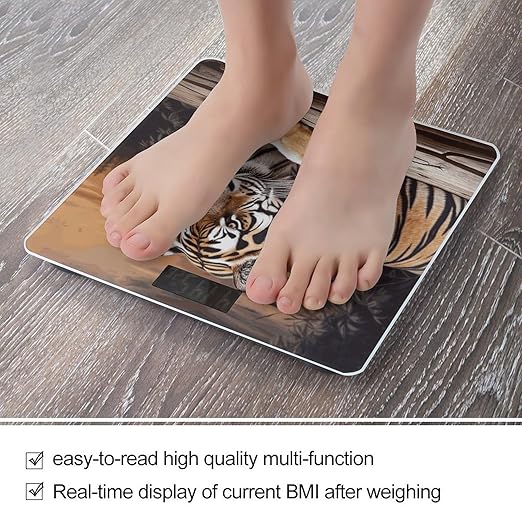 Tiger Lying on Wood Bathroom Scale for Body Weight Bathroom Weighing Scale with Backlit LCD Display Highly Accurate Measures Weight Up to 180kg