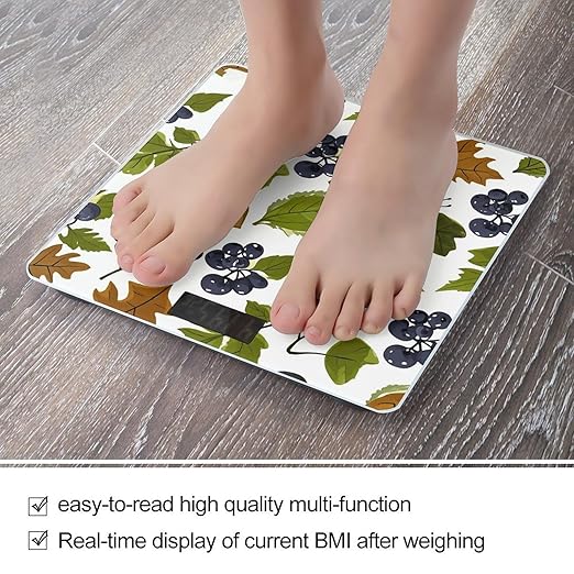 Leaves and Berries Scale for Body Weight Sturdy Tempered Glass Weighing Scales with LCD Display Accurate Digital Bathroom Scale Convenient Body Fat Smart Scales Easy Read