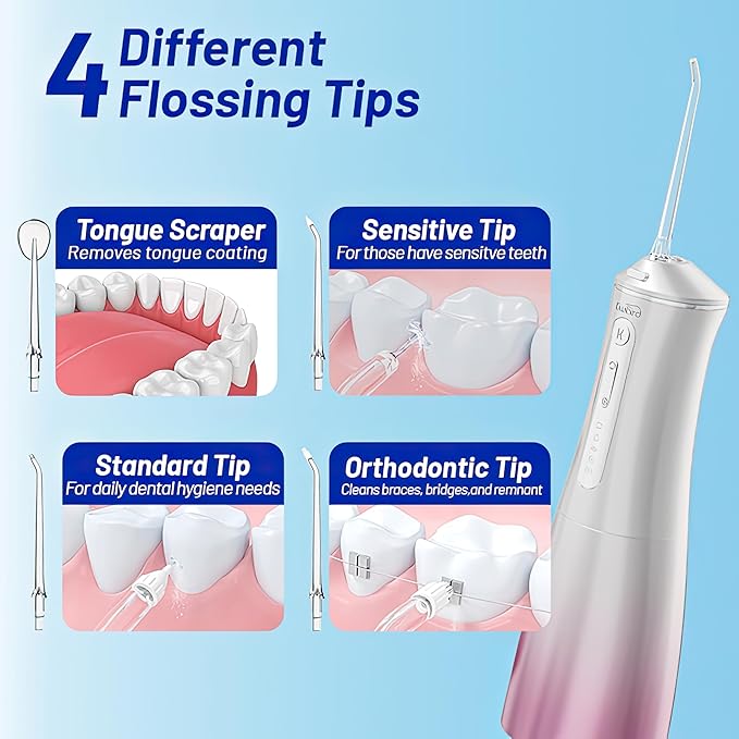 Water Dental Flosser Cordless with UVC Light 3 Modes Portable Oral Irrigator IPX7 Waterproof 300ML Tank Electric Teeth Cleaner for Tonsil Stones Home &amp Travel Use (Pink)