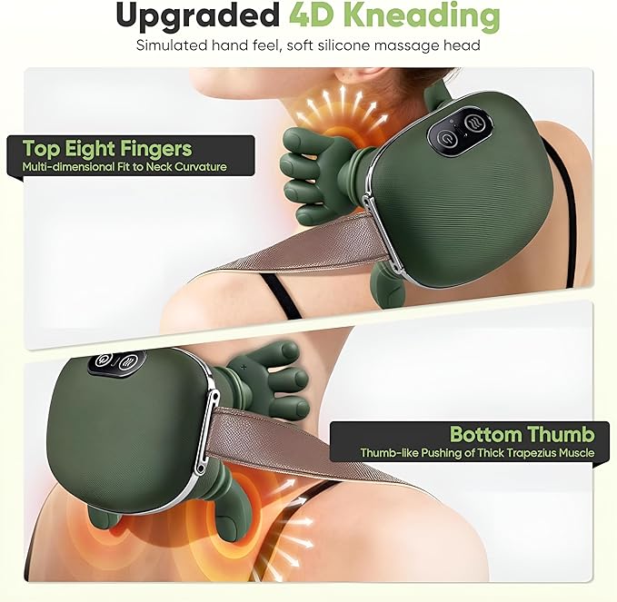 WO-WO Cordless Neck and Shoulder Massager with Heat – 4D Deep Tissue Kneading for Trapezius Pain Relief – Simulated Human Hand Grip Massage for Back Legs &amp Body – Hands-Free Rechargeable Design