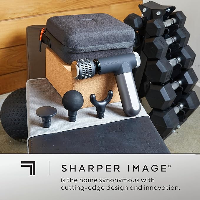 Sharper Image® Powerboost® Pro+ Hot &amp Cold Compact Deep Tissue Massage Gun - 6 Speed 4 Attachments Travel Case| Soothing Heat &amp Cold Therapy| Portable Lightweight Full Body Shoulder &amp Ba