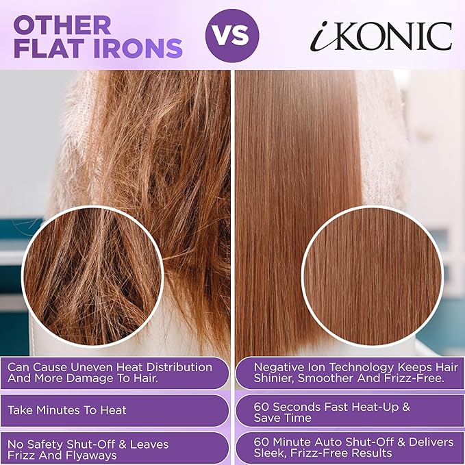 IKonic 100% Tourmaline Ceramic Hair Straightener &amp Curler– Anti-Static Infrared Ionic 2-in-1 Dual Voltage Flat Iron –1” Floating Plates Adjustable Temp 140–450°F Frizz-Free &amp Fast Heat Hair