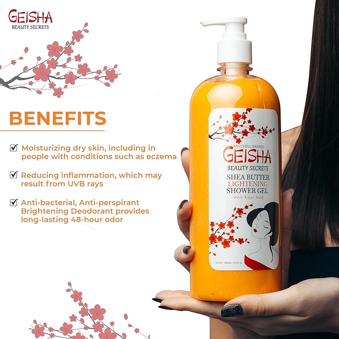 OMIC Geisha Kojic Acid Skin Brightening Body Wash - 33 Fl oz / 1000 ml - Even Out Tone Radiance Face and Body Shower Gel with Coconut Oil and Shea Butter