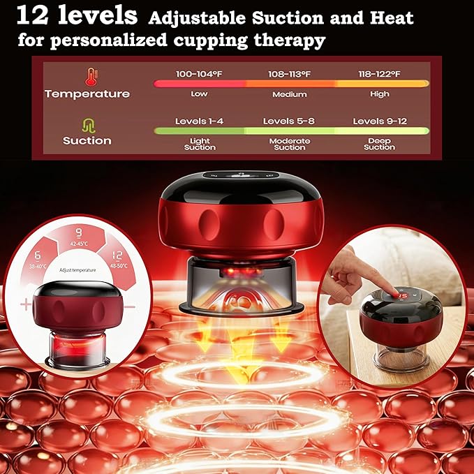 Electric Smart Cupping Massager with Red Light &amp Heat 7‑in‑1 Device for Pain Relief &amp Deep Tissue Massage USB Rechargeable 12 Adjustable Suction Levels Suitable for Multiple Body Parts