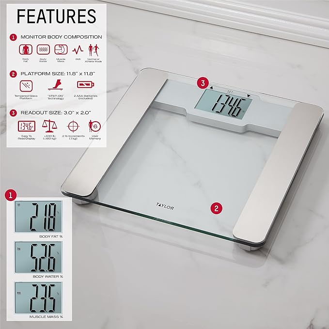 Taylor Digital Body Composition Bathroom Scale – 11.8 Tempered Glass Platform 400 lb Capacity Weight Monitor with Athlete Mode 6 User Recognition &amp Body Analysis Features (Clear)
