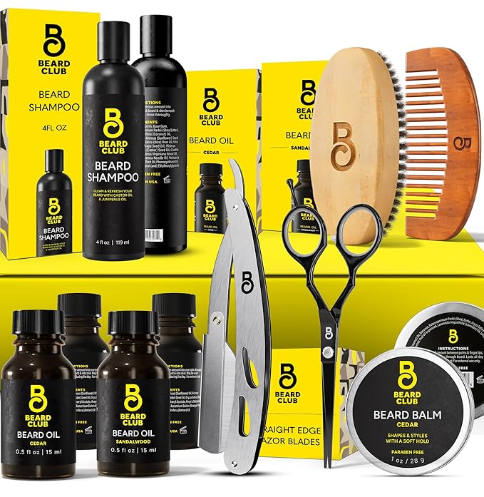 The Beard Club Beard Kit for Men - Grooming &amp Care Kit - Cedar &amp Sandalwood Oil Cedar Balm Shampoo Brush Comb Trimming Scissors Straight Edge Razor - Gift Set
