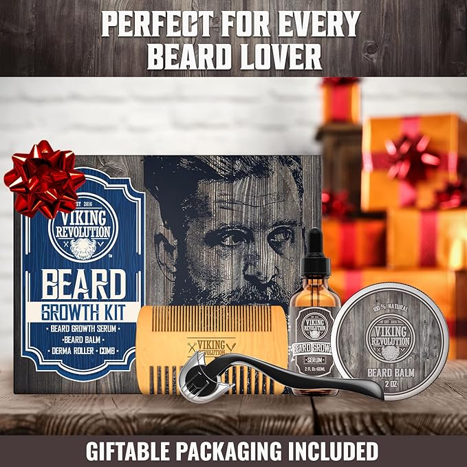 Beard Growth Kit - Oil Balm Serum Derma Roller &amp Wooden Comb for Beard &amp Mustache Growth