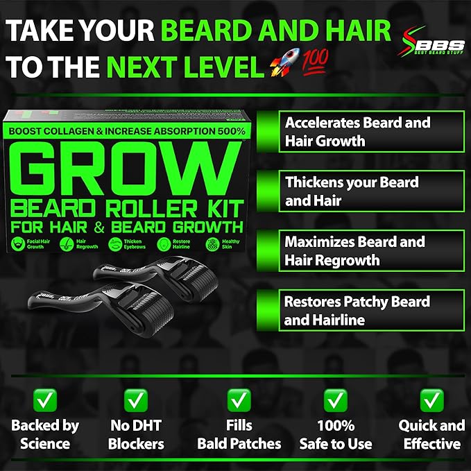 Beard Growth Oil with Facial Derma Roller (2-Pack Hair Follicle Stimulators) – 540 Titanium Rollers for All Skin Types – Fills Patches Boosts Growth Thickens Beard for Fuller Facial Hair
