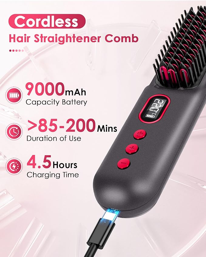 LAMA Cordless Hair Straightener Brush - Portable Hair Brush - 20s Fast Heating - 130 Million Plasma for Frizz-Free Shine 9000mAh Mini Hair Straightener Comb for Women Travel LED Display Hot CombBK