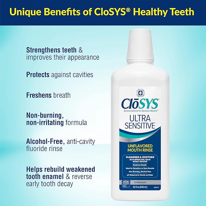CloSYS 32 Oz Healthy Teeth &amp Ultra Sensitive Unflavored Mouthwashes with Flavor Dropper