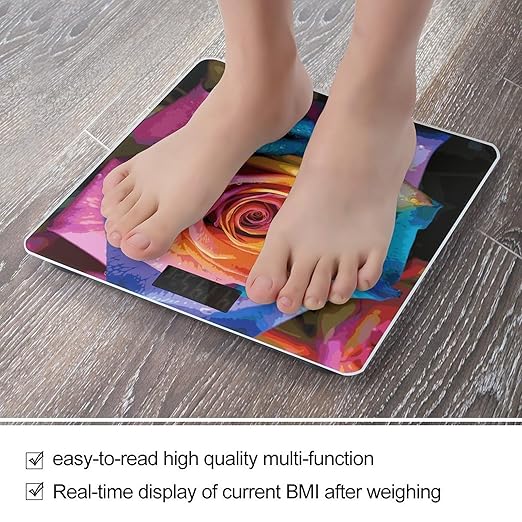 Rainbow Rose Flower Scale for Body Weight Anti-Slip Digital Bathroom Scale Sturdy Toughened Glass Weighing Scales High Precision Safe Rounded Corners Smart Scales