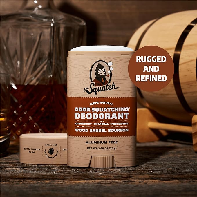 Dr. Squatch Natural Men’s Deodorant – Aluminum Free Natural Deodorant Men with Charcoal &amp Postbiotics for 72-Hour Odor Protection – Wood Barrel Bourbon 2.65oz Stick (3-Pack)
