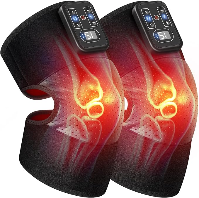 Cordless Knee Massager with Heat Vibration for Pain Relief Electric Heated Knee Brace with 5 Heat Levels and 3 Massage Mode Gifts for Men Women (Black Pair)