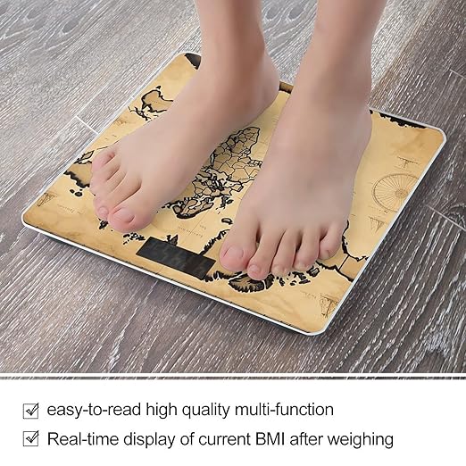 Vintage World Map Scale for Body Weight Anti-Slip Digital Bathroom Scale Sturdy Toughened Glass Weighing Scales High Precision Safe Rounded Corners Smart Scales