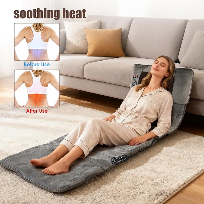 TeqHome Full Body Massage Mat with Heat Massager Pad with 10 Vibration Motors &amp 9 Vibration Modes &amp Auto Shut-Off for Bed Sofa Chair Neck/Back Pain Relief