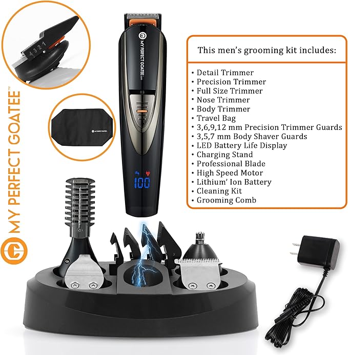 My Perfect Goatee®️ 13-in-1 Mens Grooming Kit - LED Display Beard Trimming Kit with Travel Bag Charging Stand &amp More - Waterproof Cordless Electric Trimmer for Nose Body &amp More – Ideal Gi