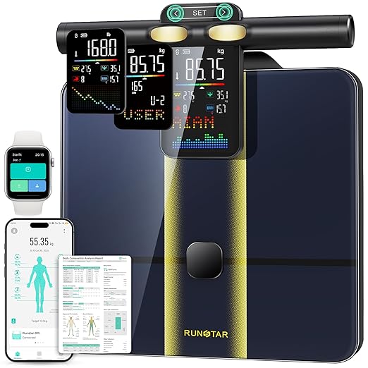 RunStar Smart Scale for Body Weight 8 Electrodes High Precision Digital Bathroom Scale with Set Functions Handle Body Composition Scale for 28 Metrics 400lbs Blue-Black