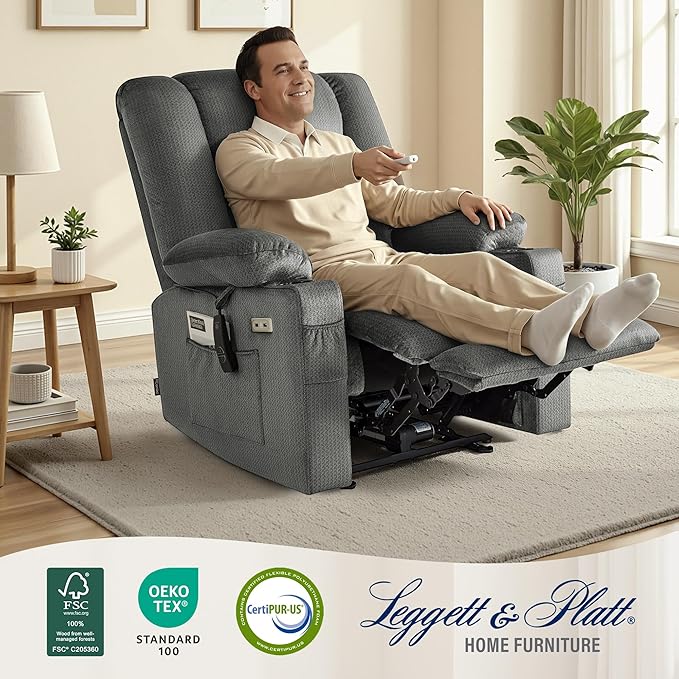 MCombo Oversized Recliner Chair for Big and Tall Zero Gravity Recliner with Massage and Heat USB &amp Type C Ports Cup Holders for Living Room PR671(Grey Oversized)