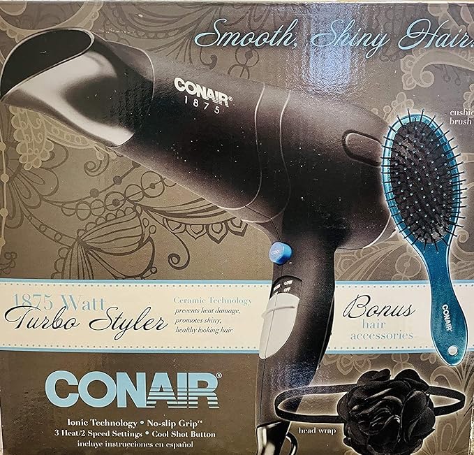 Conair 1875 Watt Turbo Styler Hair Dryer Ionic Technology Bonus pack with Cushion Brush and Head Wrap Included Black