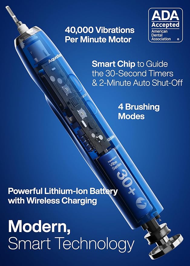 Aquasonic Vibe Series Ultra-Whitening Toothbrush – ADA Accepted Electric Toothbrush - 8 Brush Heads &amp Travel Case – 40000 VPM Motor &amp Wireless Charging - 4 Modes w Smart Timer – Sapphire Blue