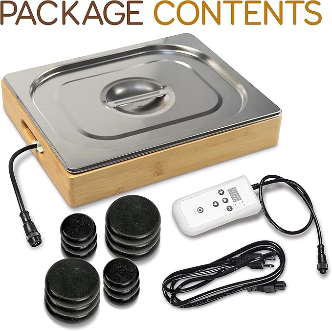SereneLife Portable Massage Stone Warmer Set Electric Spa Hot Stones Massager and Heater Kit with 6 Large and 6 Small Round Shaped Basalt Warm Massaging Therapy Rocks Equipment