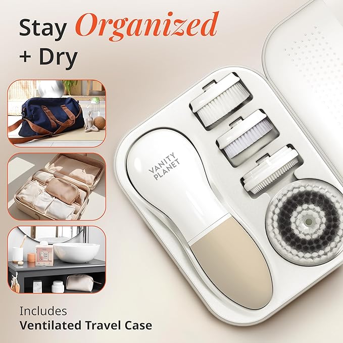 Vanity Planet Raedia Facial Cleansing Brush - Electric Facial Cleansing Brush with 4 Exfoliating Brush Heads - Waterproof Handheld Lightweight for Face Scrubber and Exfoliating Face - Warm Grey