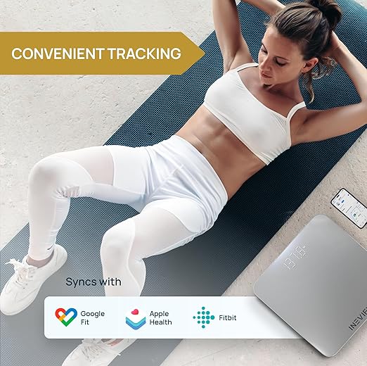INEVIFIT Smart Bathroom Scale Highly Accurate Bluetooth Digital Bathroom Body Weight Scale Precisely Measures Weight &amp BMI for Unlimited Users (S-Silver)