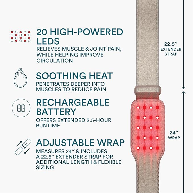 Homedics Wireless Infrared + Red Light Pain Therapy Wrap – Portable 850 nm Infrared &amp 660 nm Red Light LEDs Adjustable Strap Rechargeable Battery Targeted Muscle &amp Joint Relief