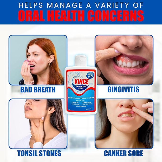 Vince Gum &amp Mouth Toothpaste Powder - Dentifrice &amp Mouthwash - Cavity Prevention - Gingivitis - Irritated Bleeding &amp Receding Gums - Canker Sore - Bad Breath - Inflammation - Tonsil Stone