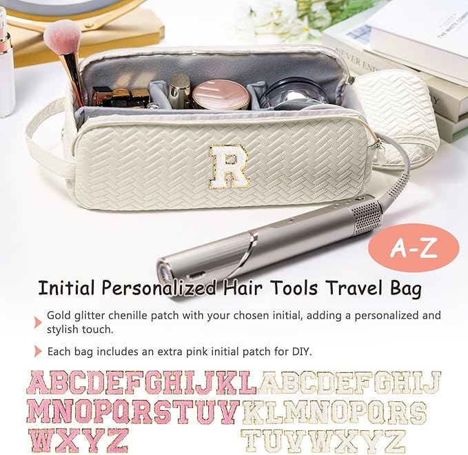 Initial Personalized Hair Tools Travel Bag Compatible with Shark FlexStyle Revlon &amp Dyson | Hair Dryer Brush Organizer Flat Iron Curling Iron Makeup &amp Cosmetic Bag for Travel Essentials