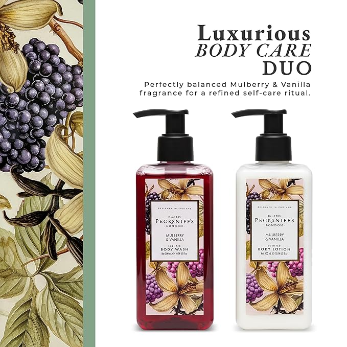 Pecksniff's Body Care Duo Tin Box – Wildwood Mulberry &amp Vanilla 300ml Body Wash and 300ml Body Lotion Gift Set Luxury Skincare Collection with Reusable Tin Moisturizing &amp Nourishing for Dail