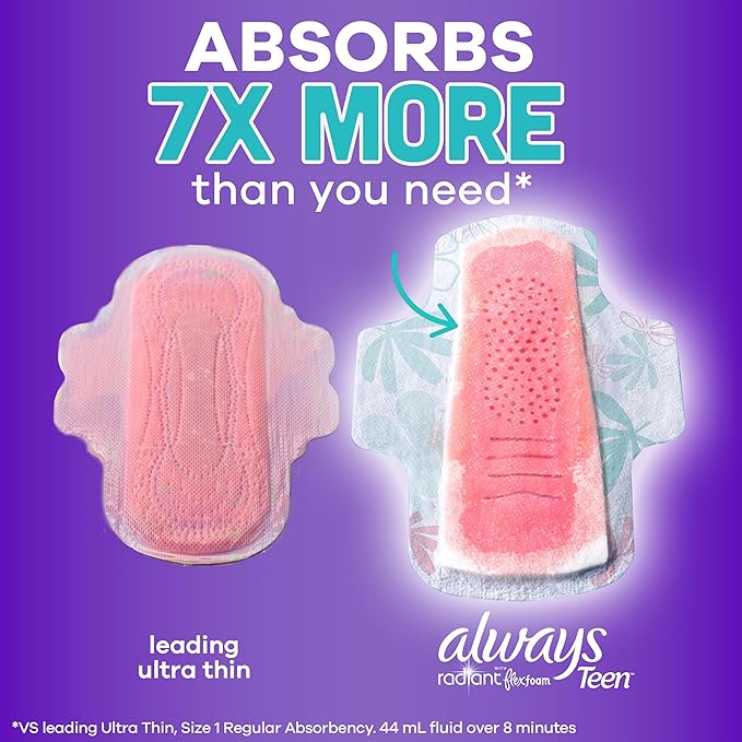 Always Radiant Teen Pads Size 3 Extra Heavy with Wings Unscented60 Count (Pack of 2)