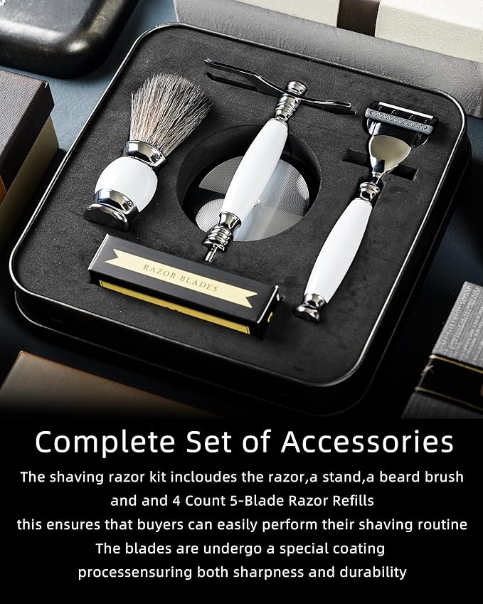 FREED Customized gifts Engraving Luxury Men's 5-Blade Razor set Aluminum Alloy Material incloud 4 Bladesrazor standrazor brushIt's the best gift for men (Pearl White)