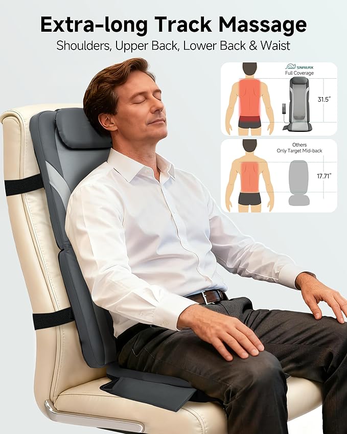 Snailax Gifts for Men Women Chair Back Massager for Full Back Pain Relief Deep Tissue Vibration Heated Seat Cushion Long Track Dual 3D Shiatsu Rollers 3 Height Settings Foldable Massage Chair Pad