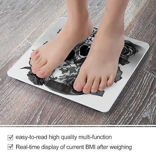 Black Skull Rose Scale for Body Weight Highly Accurate Digital Bathroom Scale Sturdy Tempered Glass Weighing Scales with LCD Display Fashion Body Fat Smart Scales 400lb